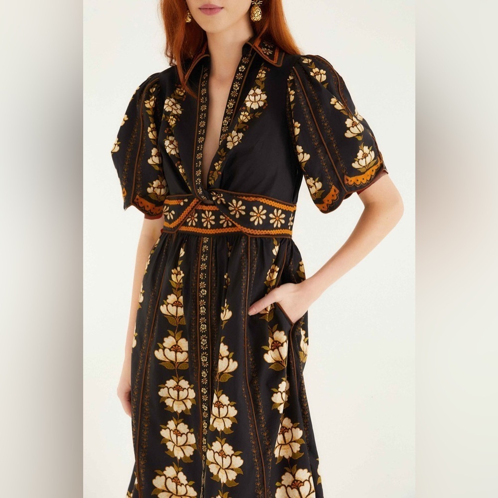 Farm Rio: Black Bold Flowers Organic Cotton Midi Dress - Picture 5 of 12